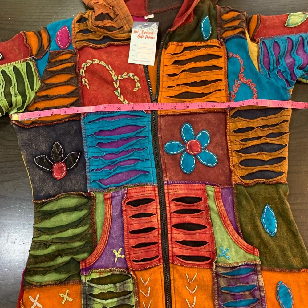 Boho Patchwork Hoodie‎ L Nepal Cotton Embroidered Festival Hippie Cottagecore